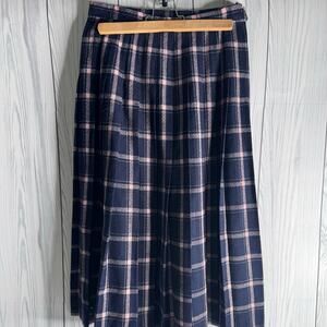 VTG Pendelton Navy Pink Pleated Plaid Long 100% Wool Skirt Sz 10 Zipper USA